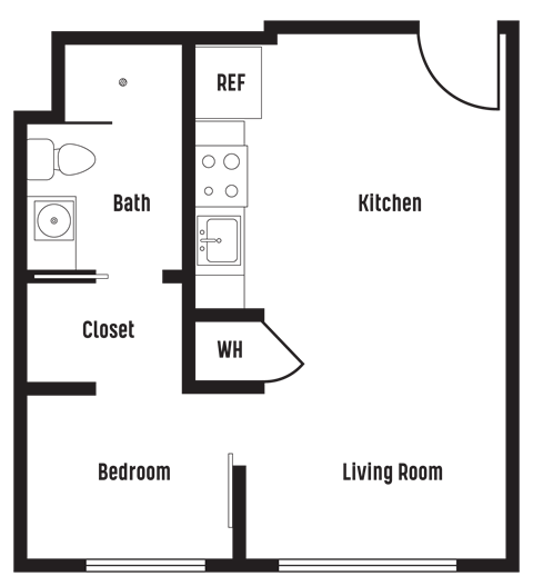 Floor plan for 1 bed, 1 bath, 453 sqft